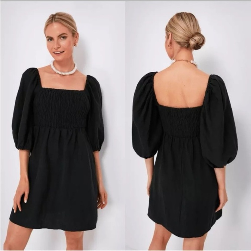 Tuckernuck Black Annie Smocked Dress 100% Linen Puff Sleeve Mini Square …